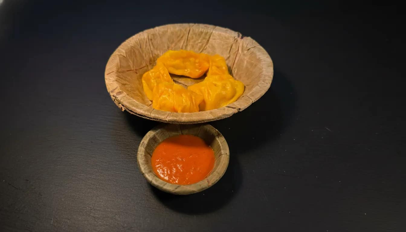 Banana momo dessert topped with shaved chocolate and pistachio.