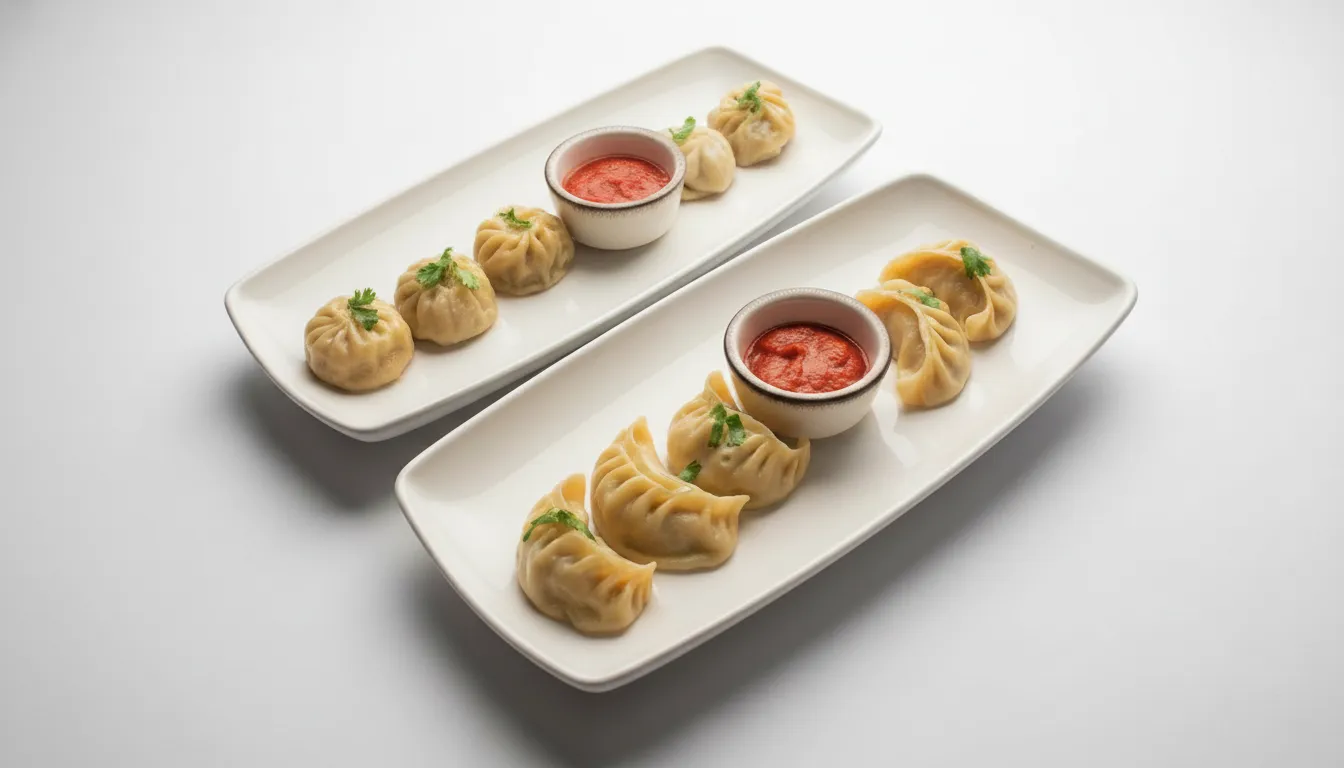 Chicken and vegetable momos served with sesame-chilli achar.