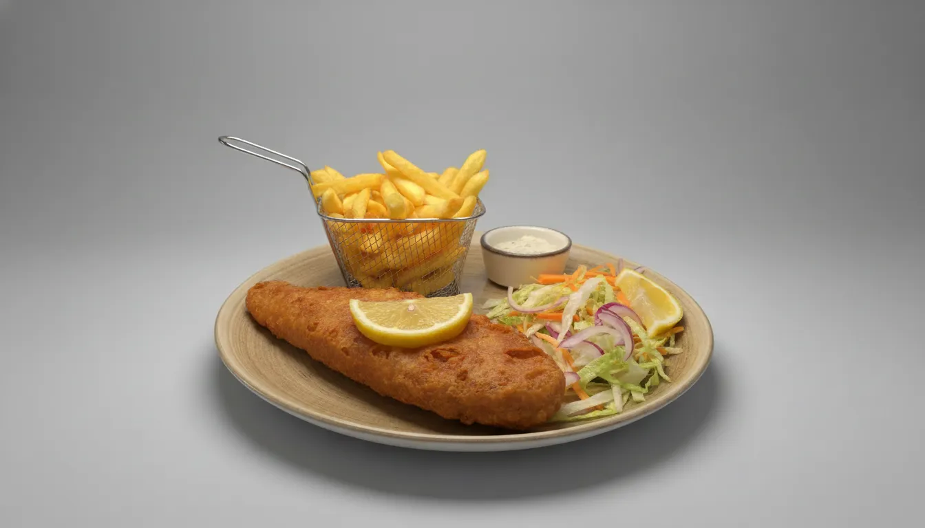 Beer-battered fish and chips plated with dressed salad and lemon.