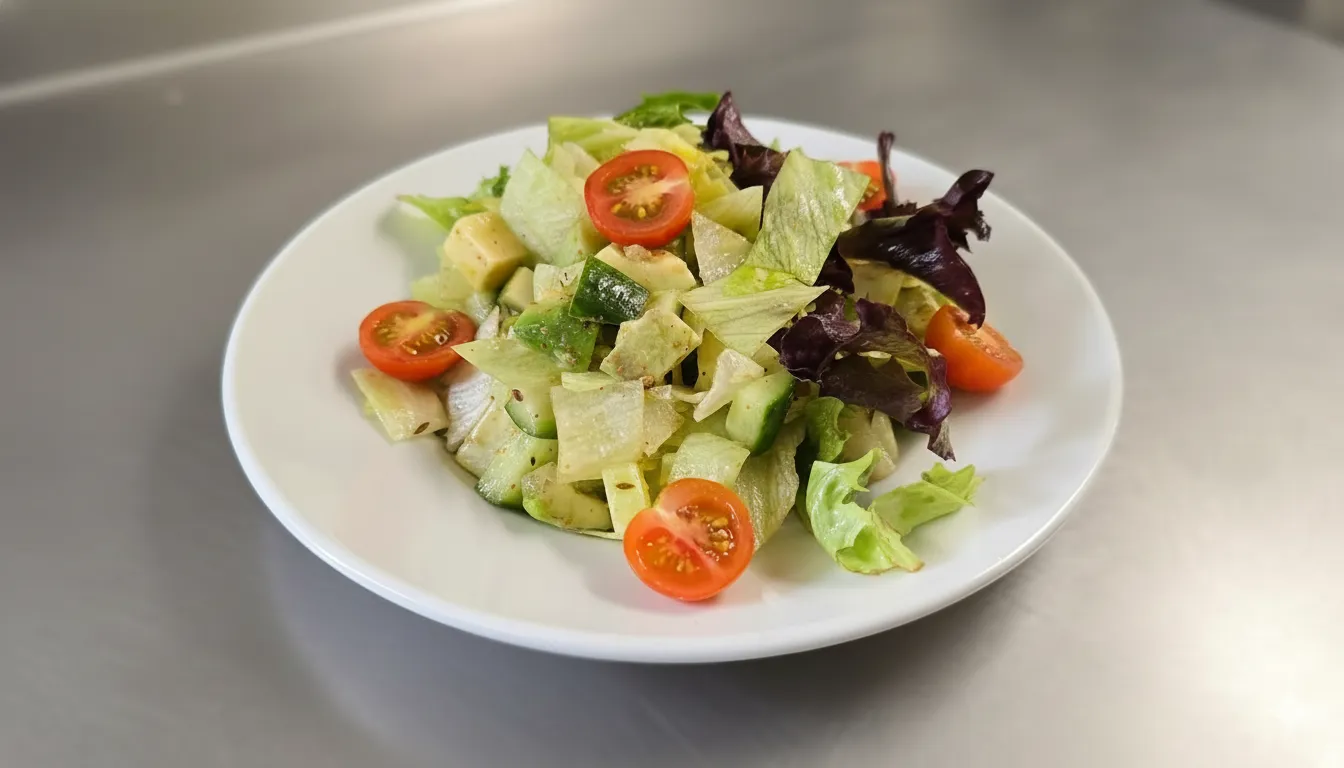 Fresh mixed salad with cherry tomatoes, cucumber, and herbs.