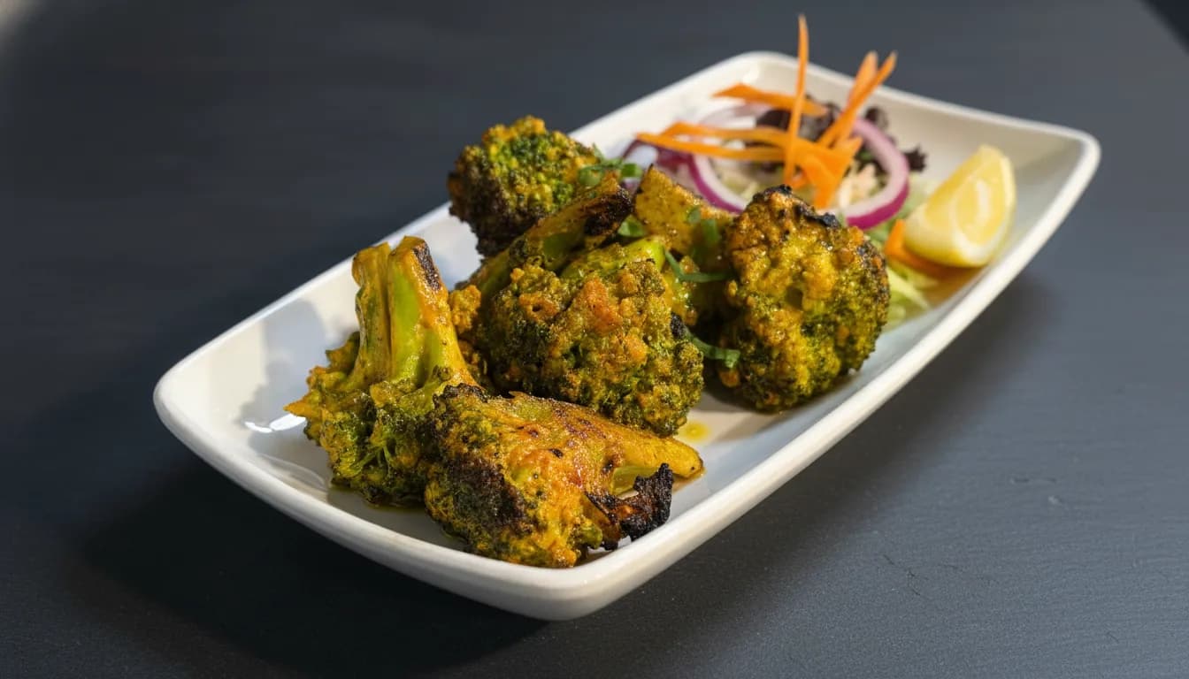 Charred broccoli appetiser with chilli oil and toasted seeds.