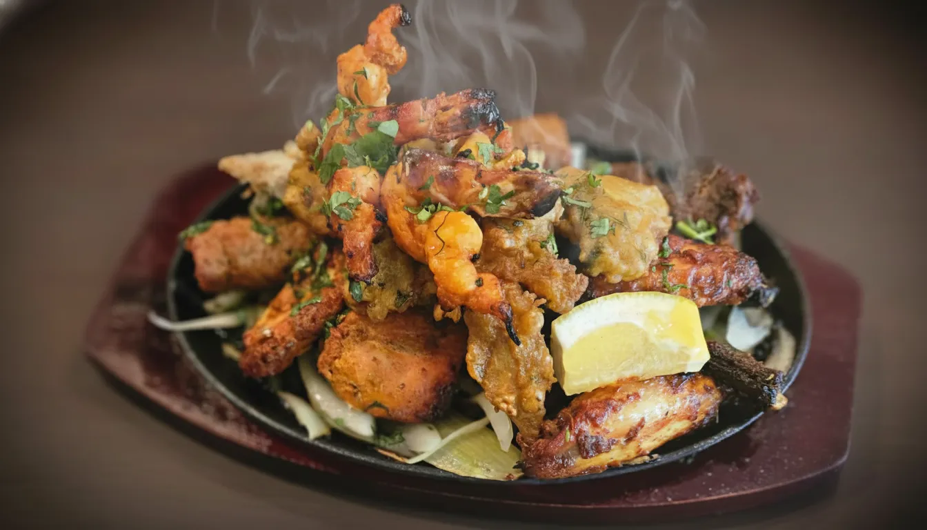 Sizzling mixed grill of sekuwa, chicken, and kebabs over onions.