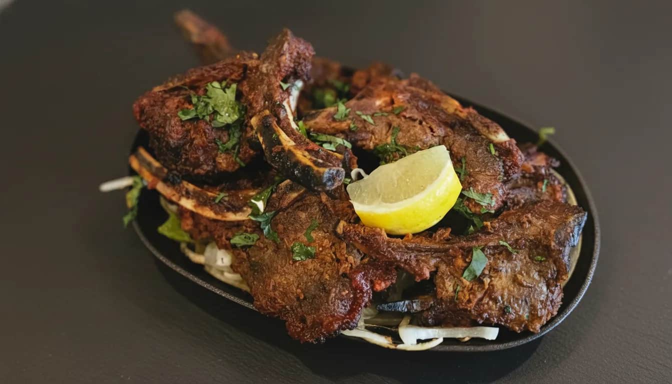 Charred rack of lamb with mushroom rice and roasted roots.