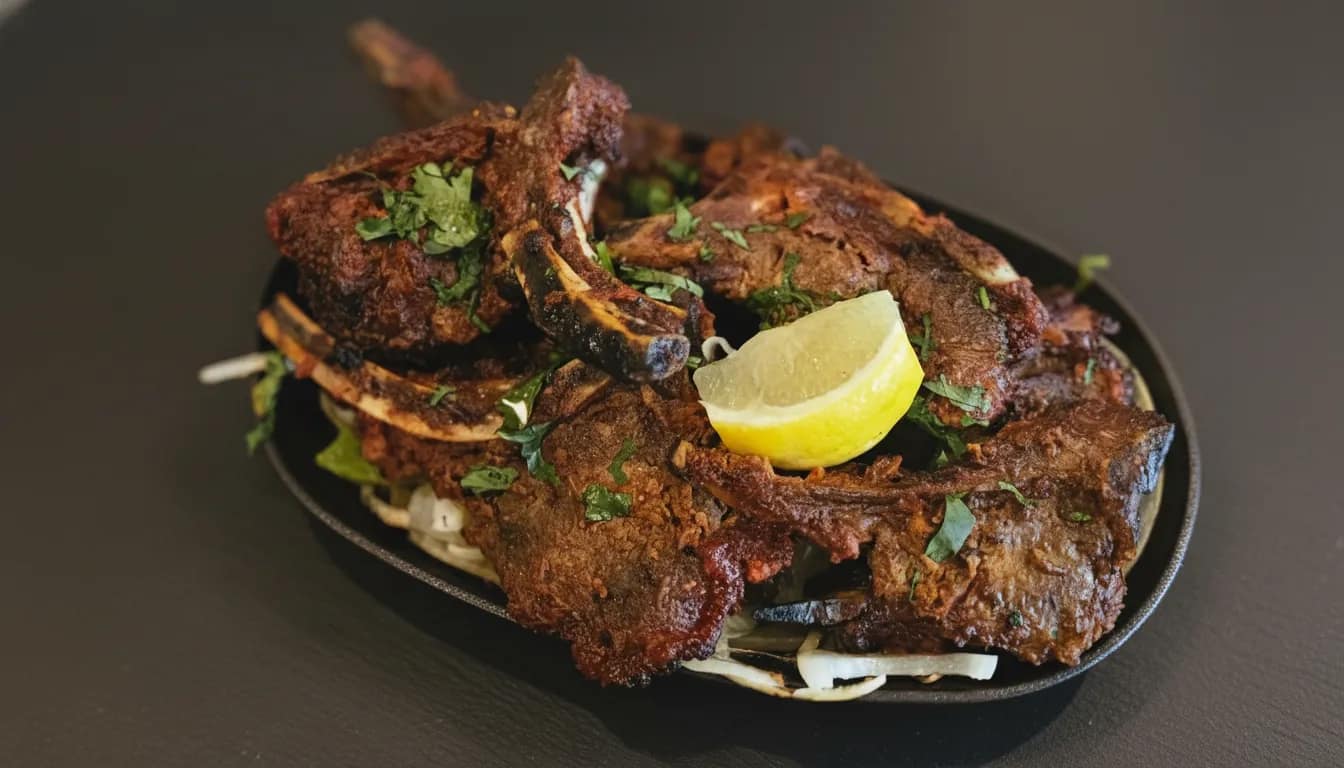 Charred rack of lamb with mushroom rice and roasted roots.