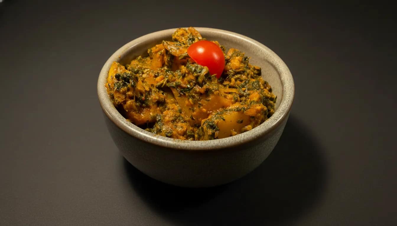 Saag aalo with spinach, roast potatoes, and toasted cumin.