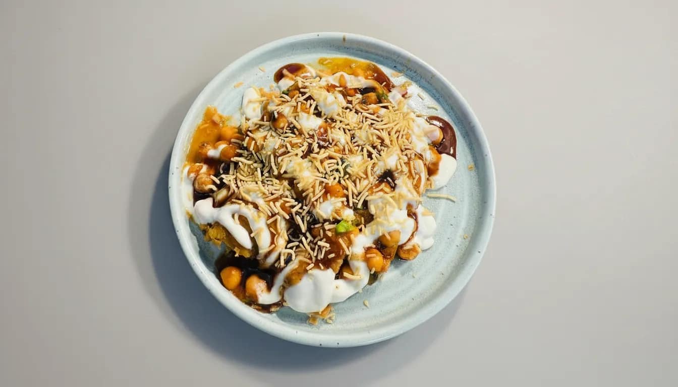 Samosa chaat crowned with yoghurt, tamarind, and sev.