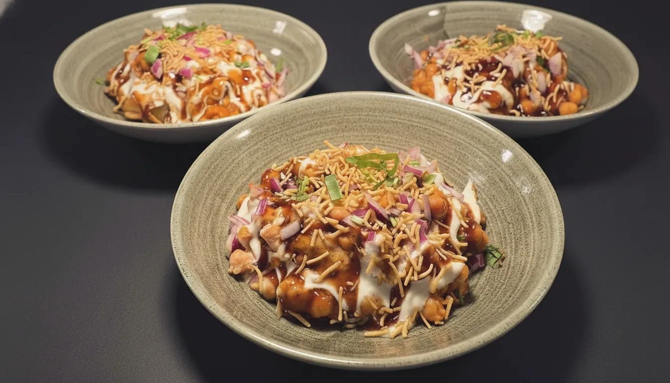 Close-up of samosa chaat with pomegranate and chutneys.