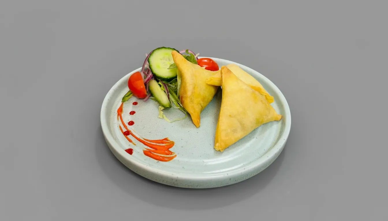 Crisp vegetable samosas paired with salad and lime.