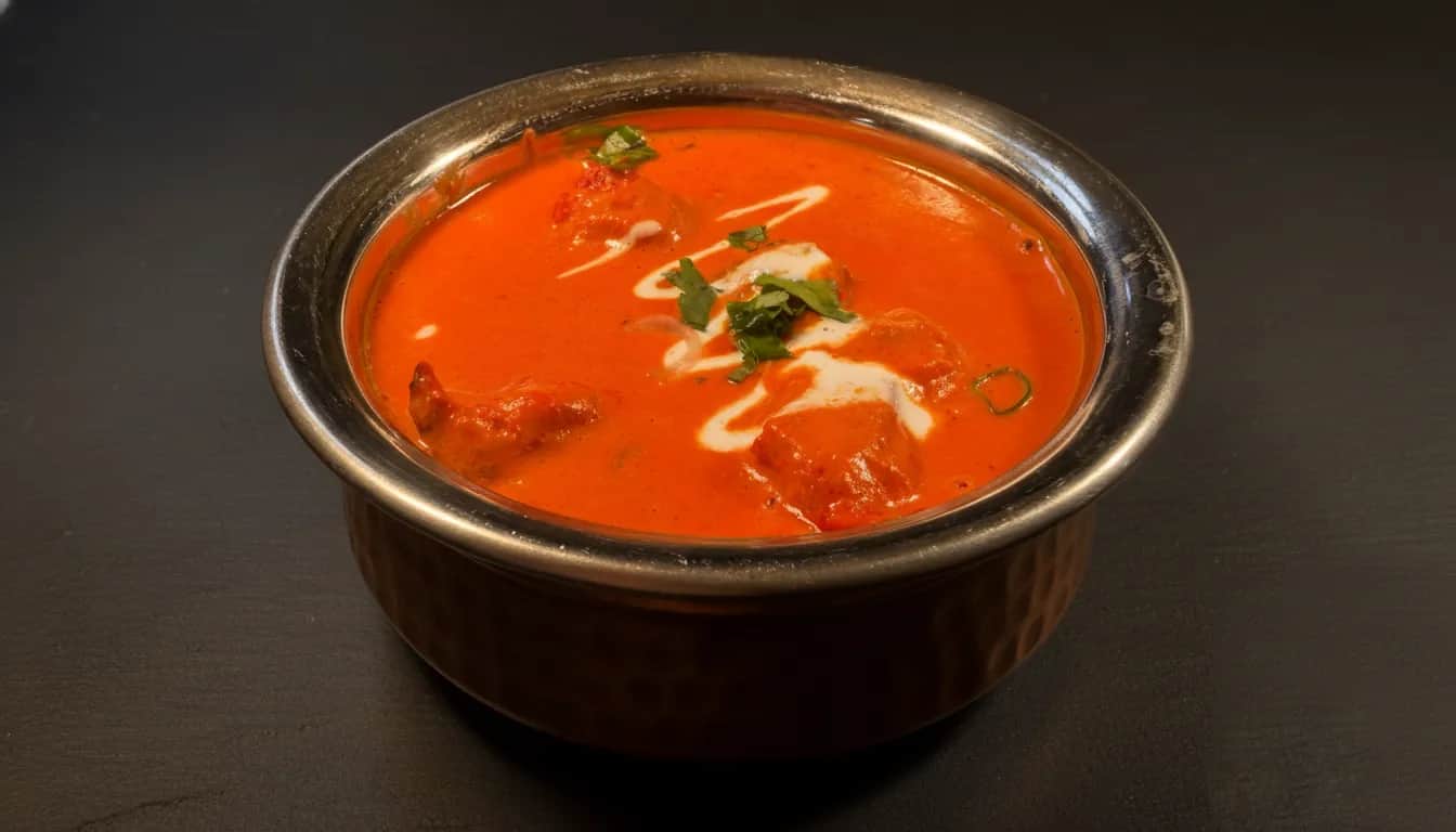 Butter chicken finished with cream, fenugreek, and herbs.