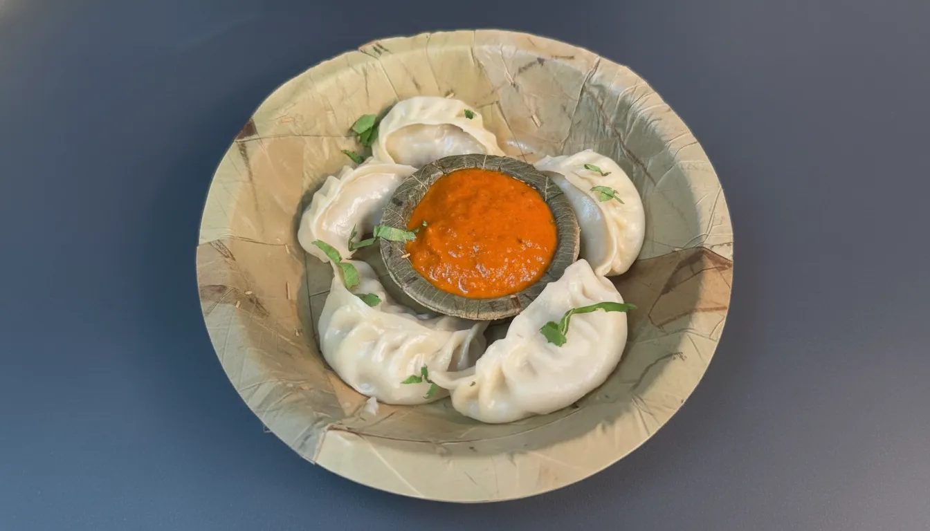 Steamed chicken momos with chilli oil and coriander.