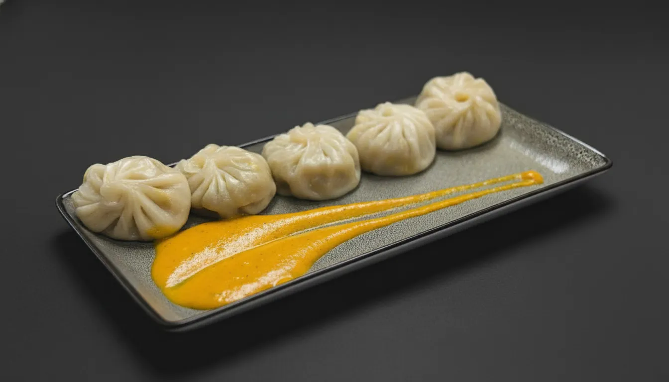 Steamed momos beside bowls of spicy sesame dipping sauce.