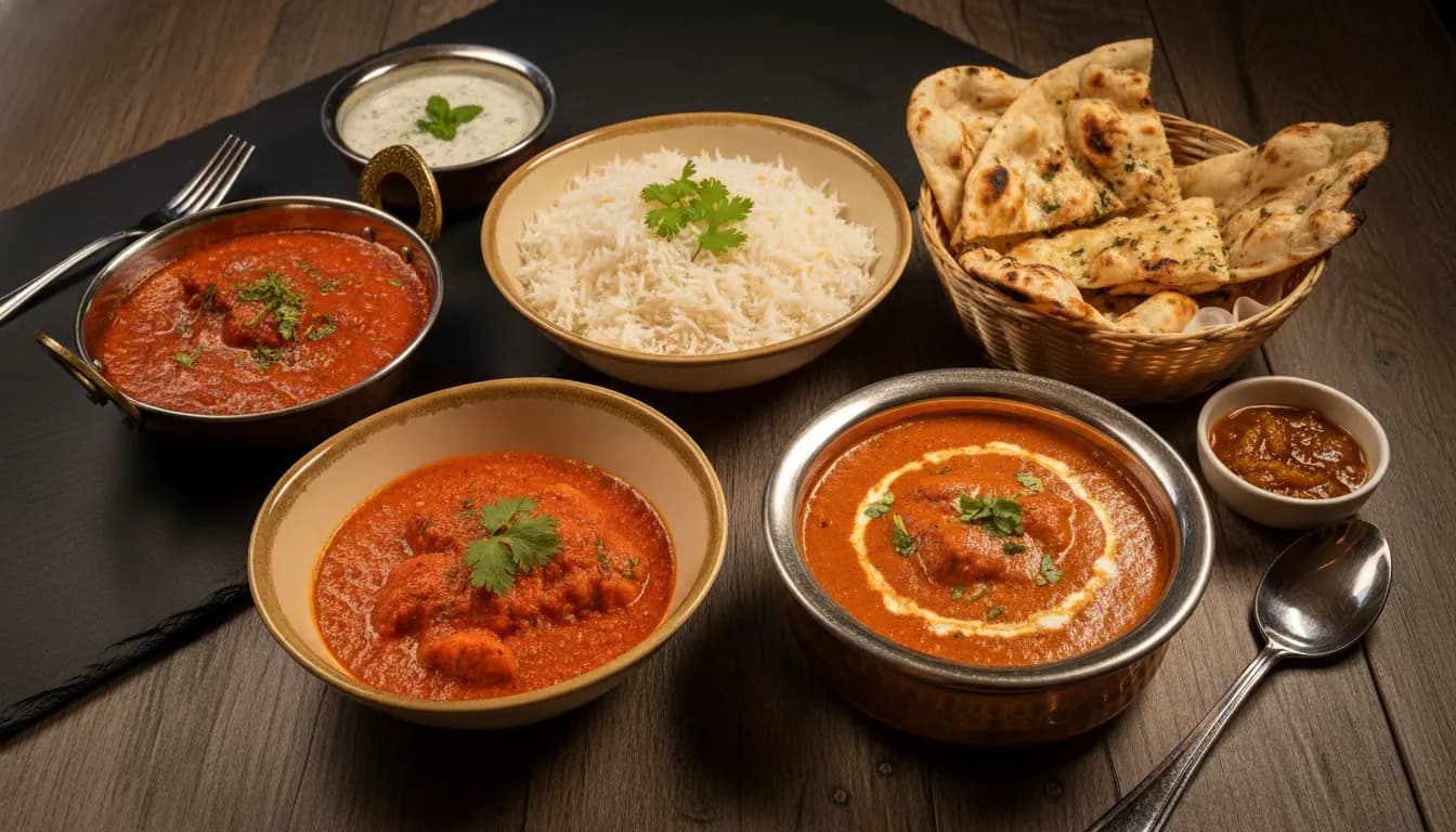 Shared Nepalese feast with curries, rice, naan, and pickles.