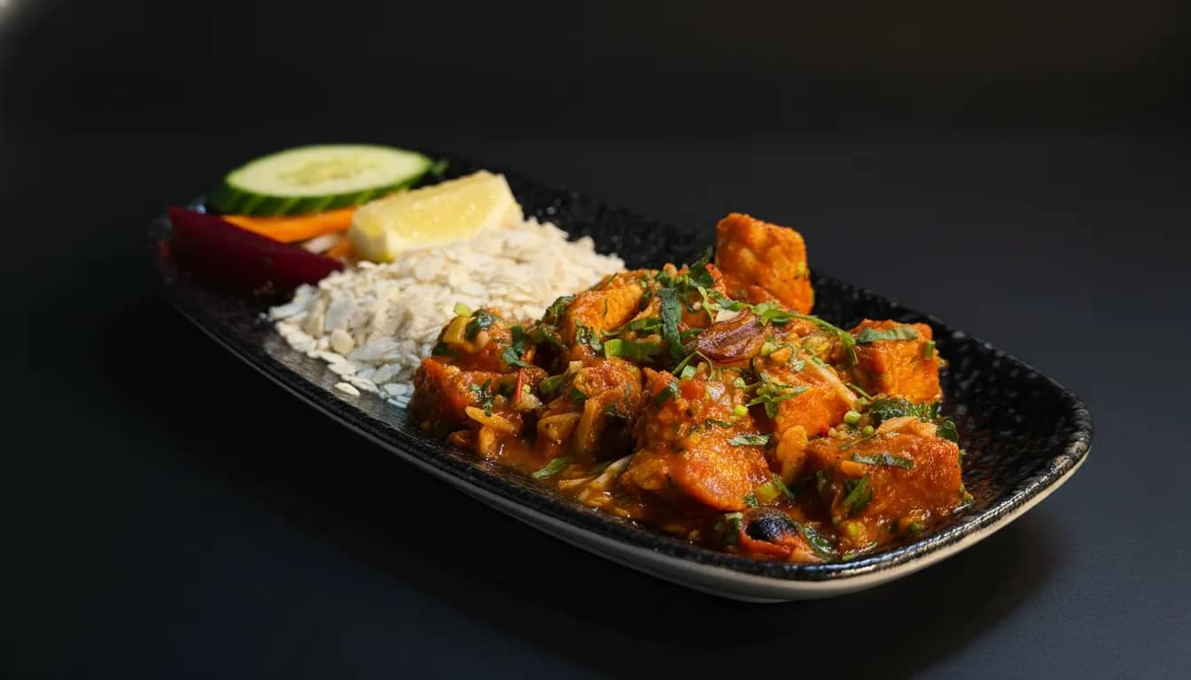 Alternate turkey choila presentation with chillies and onions.