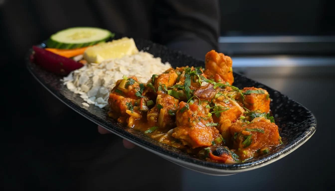 Smoky turkey choila served with beaten rice and lemon.