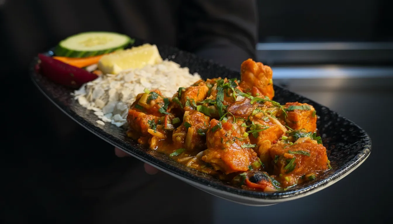Smoky turkey choila served with beaten rice and lemon.