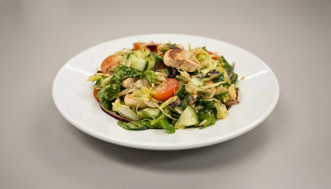 Warm chicken salad with cherry tomatoes and mixed leaves.