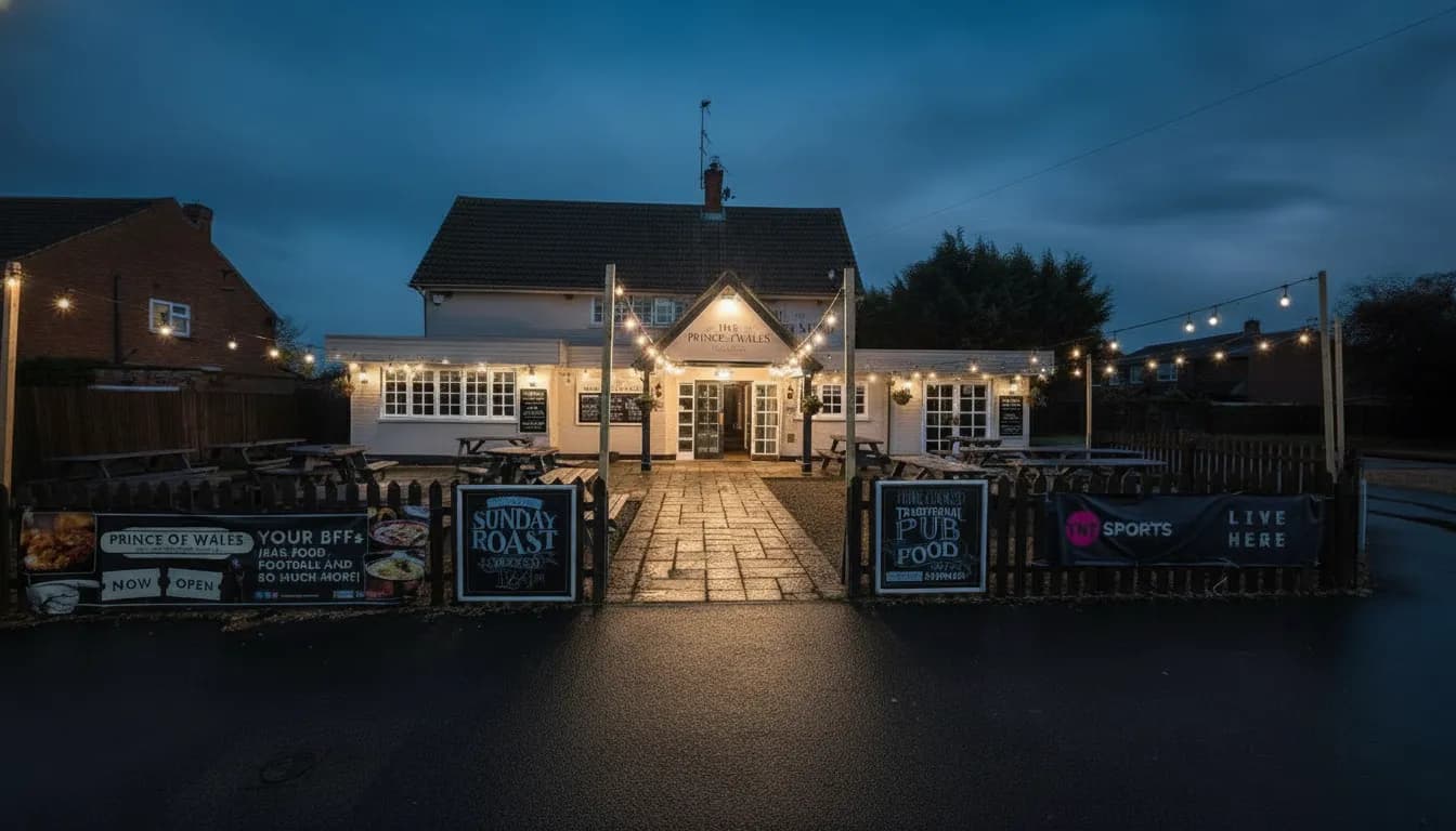 Prince of Wales Bromham exterior at dusk with glowing windows and signage.