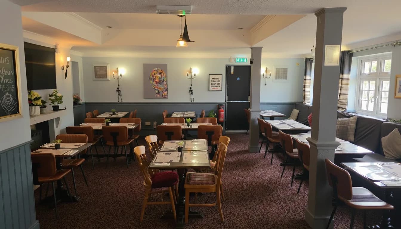 Dining area inside The Queen Elizabeth with teal banquettes, marble tables, and pendant lighting.