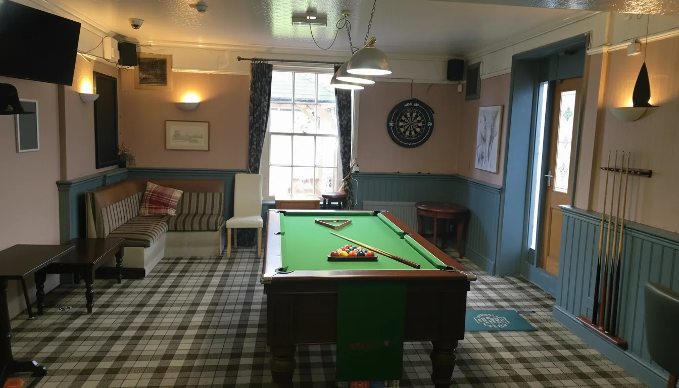 Games room at The Queen Elizabeth featuring a pool table beside rustic timber beams.
